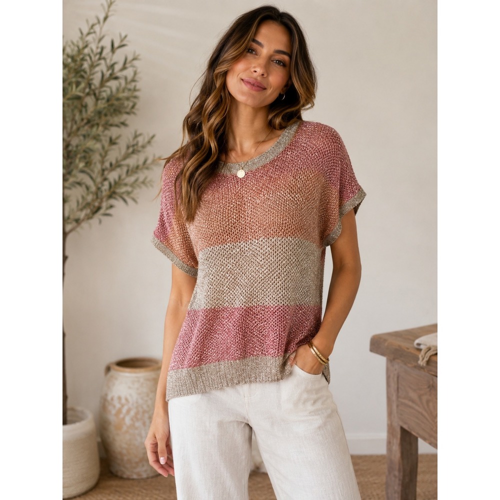 Chico's Metallic Open Knit Sweater Womens 1 Medium Pink Beige